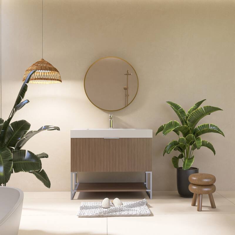 Freestanding Bathroom Vanity in Brown Oak with White Integrated Solid Surface Sink