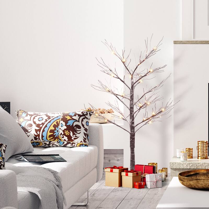 Puleo International 4 ft. Pre-Lit Flocked Brown Artificial Twig Tree