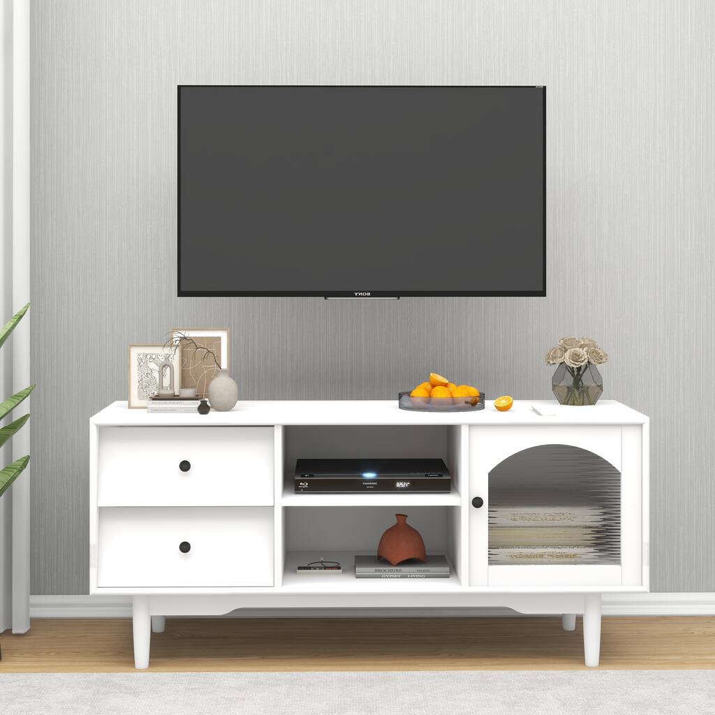 47 Modern TV Stand with Large Storage, Durable MDF, Pine Legs, and Glass Doors.