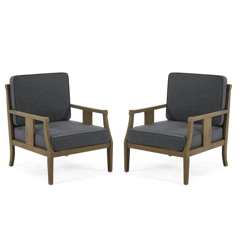 2 Set Brown Wood Outdoor Accent Club Chairs with Water-Resistant Cushions