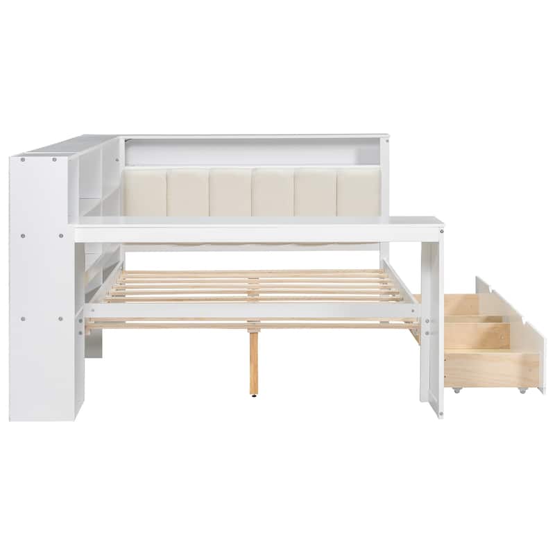 LED Platform Daybed, Wooden Sofa Bed Frame with Built In Desk, Charging Station, Upholstered Headboard, 2 Drawers and Shelves