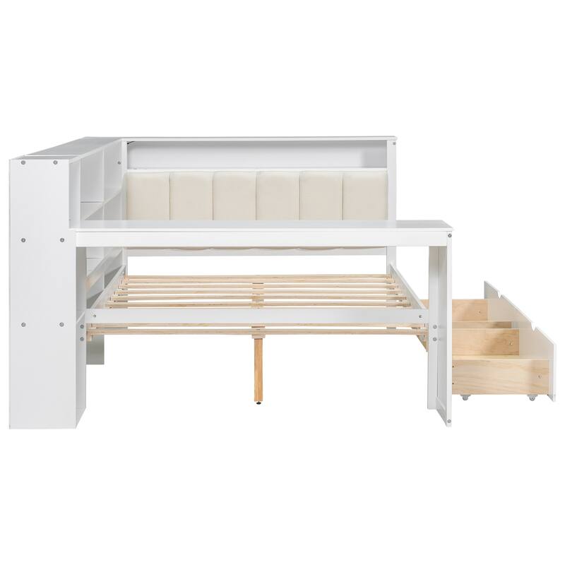 Wood Daybed Twin Size Platform Bed with Storage Shelves, Drawers, Charging Station, Desk, LED and Upholstered Cushion Headboard