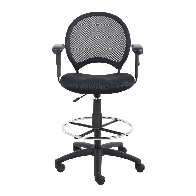 Rea Drafting Stool Chair, Adjustable Arms, Black Mesh, Chrome Footring