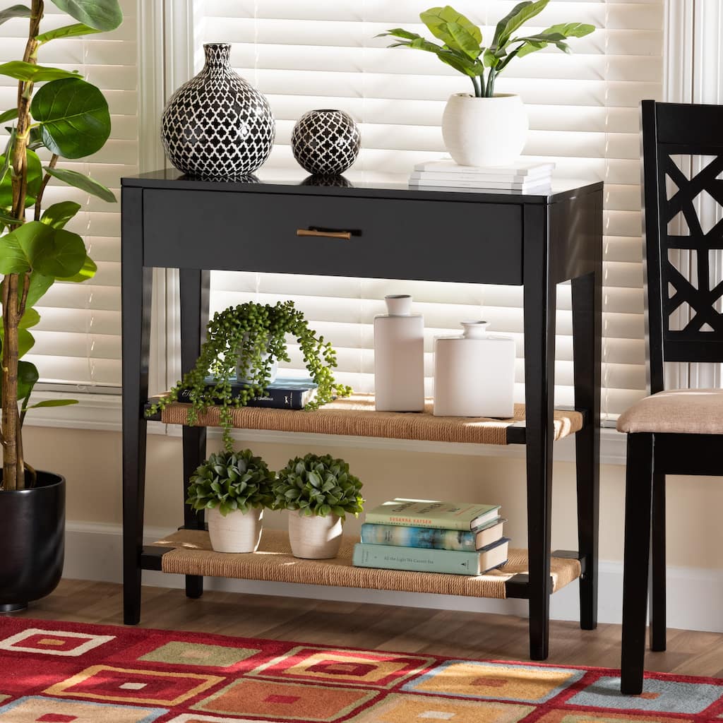 Freya Modern Bohemian Bayur Wood 1-Drawer Console Table-Black