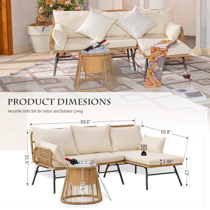 6-Piece Boho Wicker Patio Furniture Set, L-Shaped Sectional Sofa with Ice Bucket, 500 lbs Capacity Outdoor Conversation Set