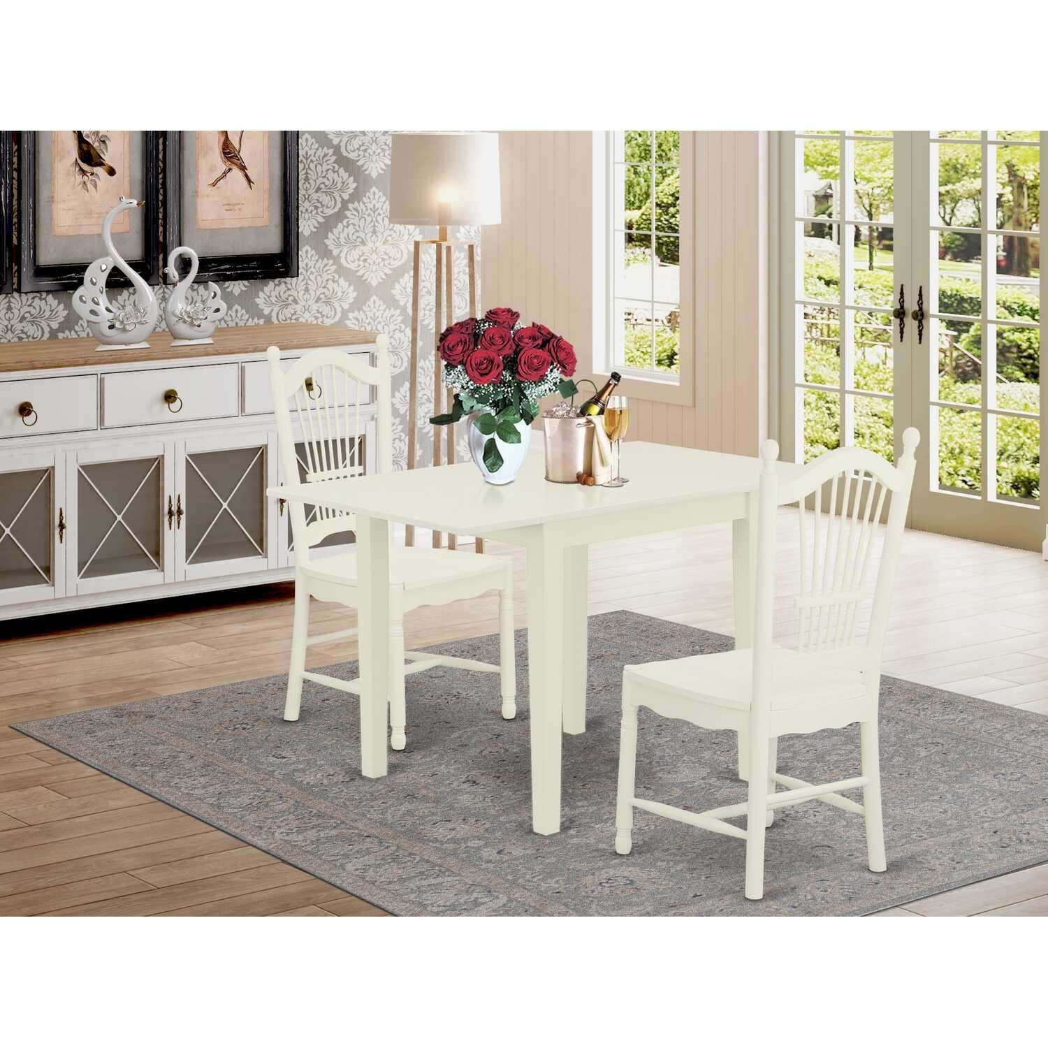 Modern Dining Table Set 3 Pcs - Linen White Wood Table & Chairs - Kitchen Dinette Set