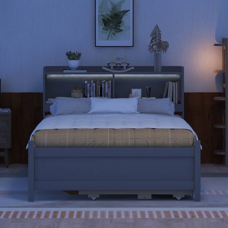 Full Size Bed with USB Ports, LED light, Trundle and 3 Storage Drawers, Grey Bed Bath & Beyond
