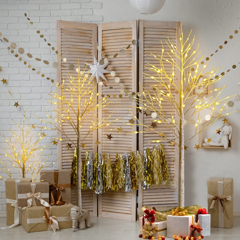 Gymax 4/5/6 FT Pre-lit White Birch Tree Artificial Twig Birch Tree