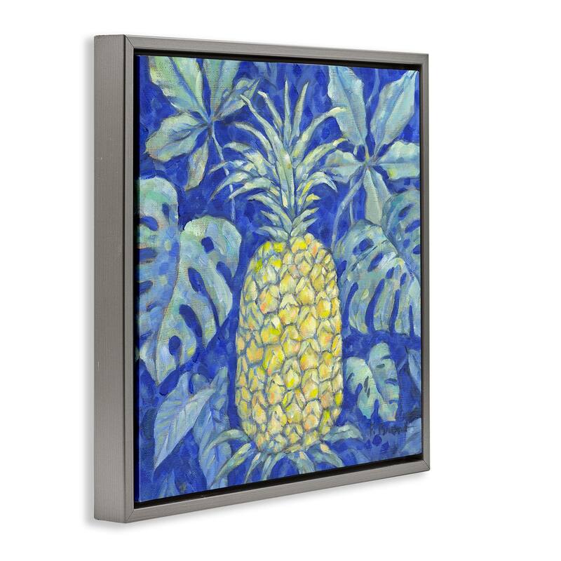 Stupell Tropical Pineapple on Blue Framed Floater Canvas Wall Art Design By Paul Brent
