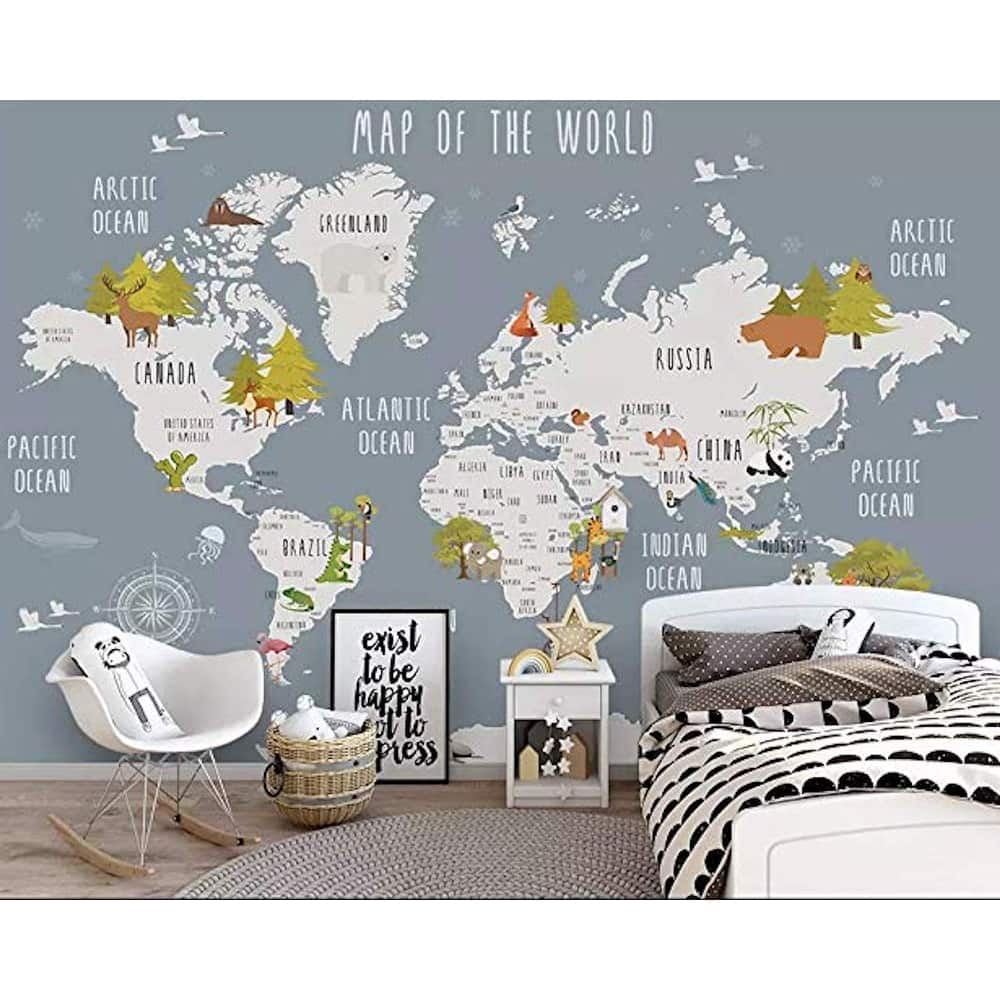 GK Wall Design World Map and Animal Kids Removable Wallpaper