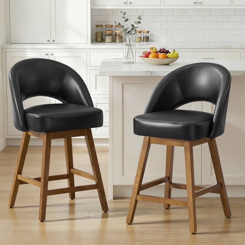 Upholstered Swivel Counter Height Bar Stools with Cutout Back and Solid Wood Frame - 38.2"H x 22.1"W x 23.6"D - Set of 2 - Black