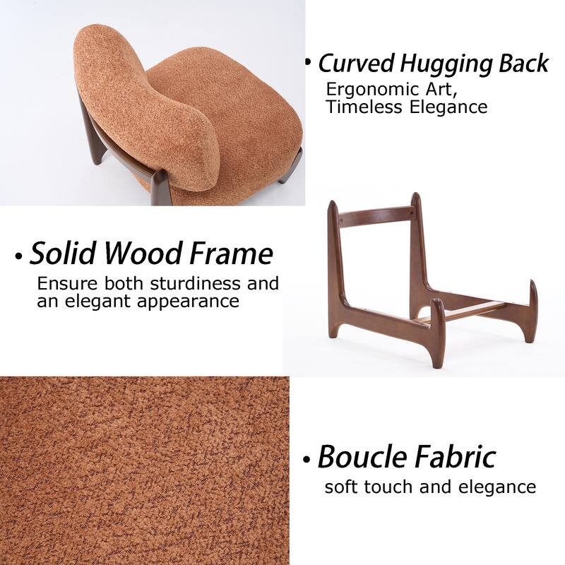 30"W Mid-Century Modern Accent Chair with Solid Wood Frame, Boucle Comfy Living Room Chair for Bedroom Lounge Reading Room