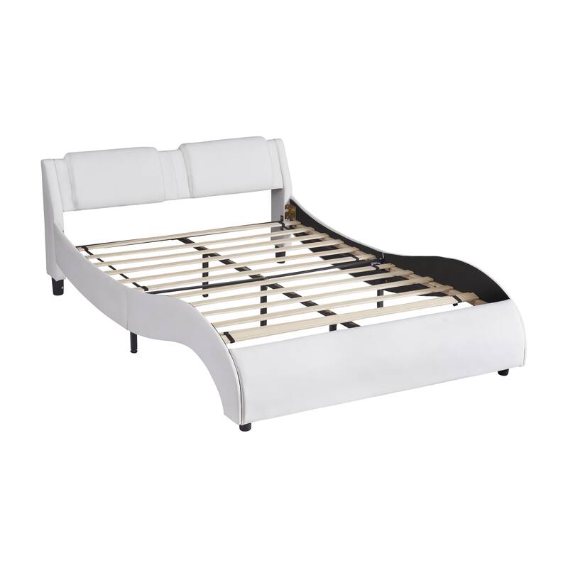 LED Lights Upholstered Faux Leather Queen Size Platform Beds with Headboard Modern WaveLike Bed