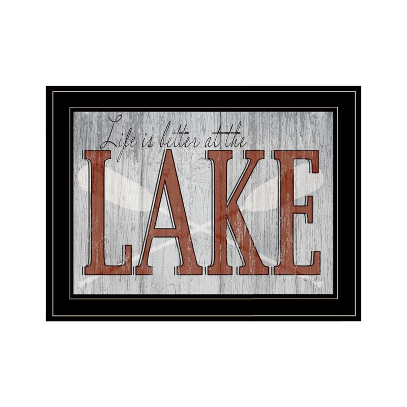 TrendyDecor4U "Life is Better at the Lake" Framed Print Wall Art by Kate Sherrill - Blue, Green, Pink - 15 x 19 - Black