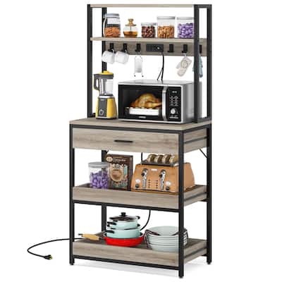 Kitchen Bakers Rack with Power Outlets, High Utility Storage Shelves Microwave Stand with Drawers