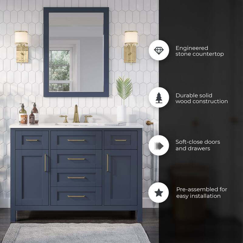 OVE Decors Tahoe 48 in. Midnight Blue Single Sink Vanity with White Cultured Marble Top and Mirror