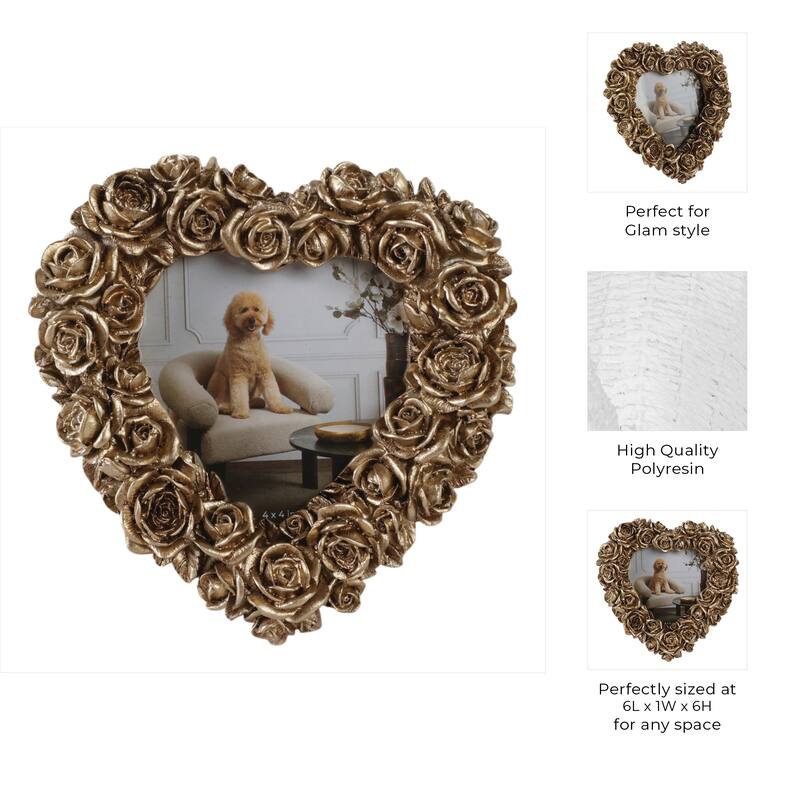 Polyresin Heart Shape Photo Frame 3D Rose Glam Style Decor - 6" Gold