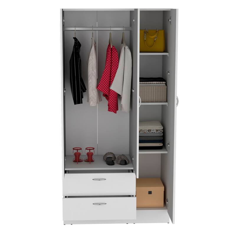 19.7" Modern Mirrored Armoire with Two Drawers, Four Shelves and Hanging Rod