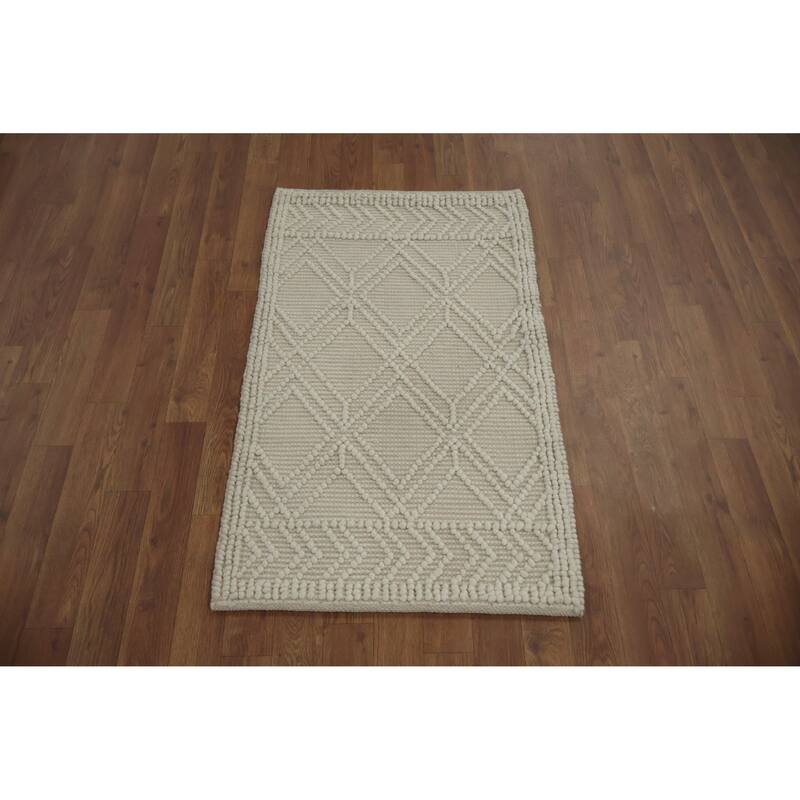 Hand Knotted Oriental 100% Wool Carpet Modern Geometric Beige & Ivories Modern Gotti Design Area Rug - 3' 6'' X 2' 1''