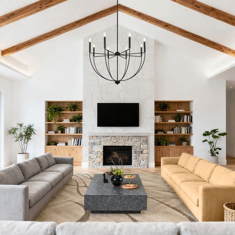 Modern 8-Light Matte Black Chandelier with Bowl-Shape for Dining Room - 35 " × 23.6 "