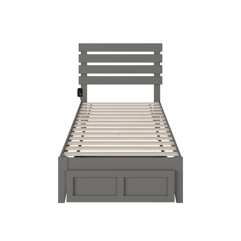 Twin XL Platform Bed with Storage & USB Charger - Grey Modern Bed Frame - Large Foot Drawer