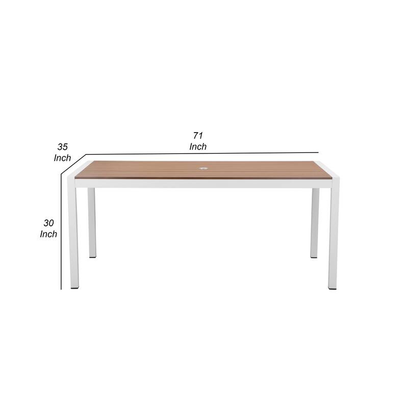 Fifi 71 Inch Outdoor Dining Table, Brown Polyresin Top, White Metal Frame