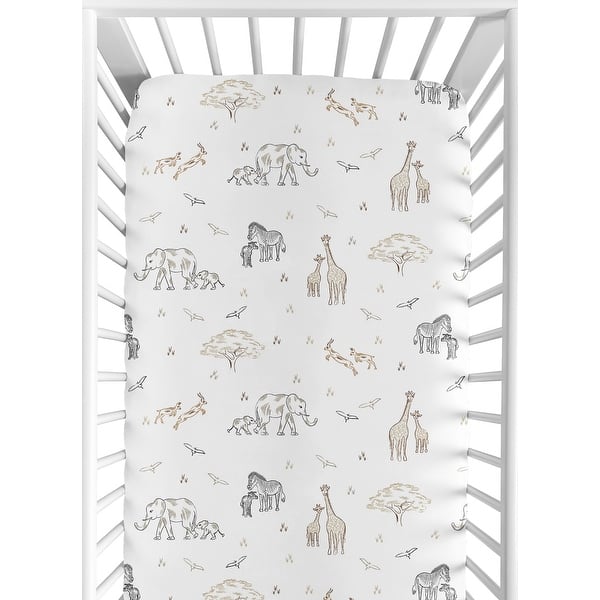 slide 2 of 6, Jungle Safari Animals Boy Girl Fitted Crib Sheet Taupe Black White Gender Neutral Elephant Giraffe Wildlife Adventure Serengeti