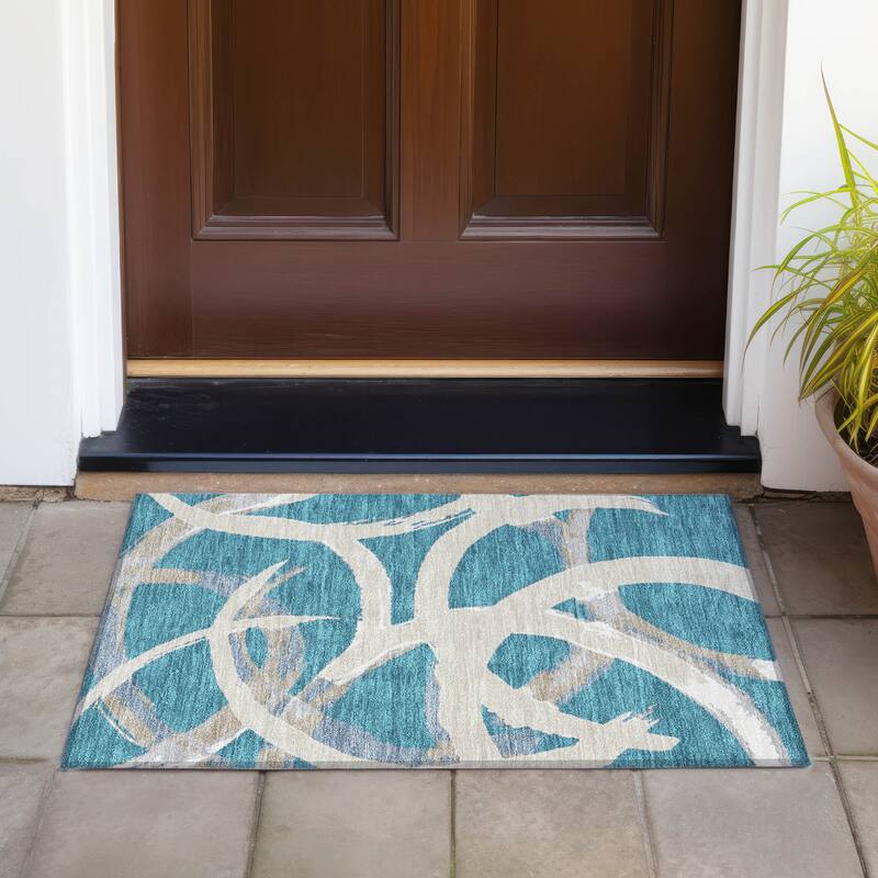 Machine Washable Indoor/ Outdoor Abstract Contemporary Chantille Rug - Teal - 1'8" x 2'6"