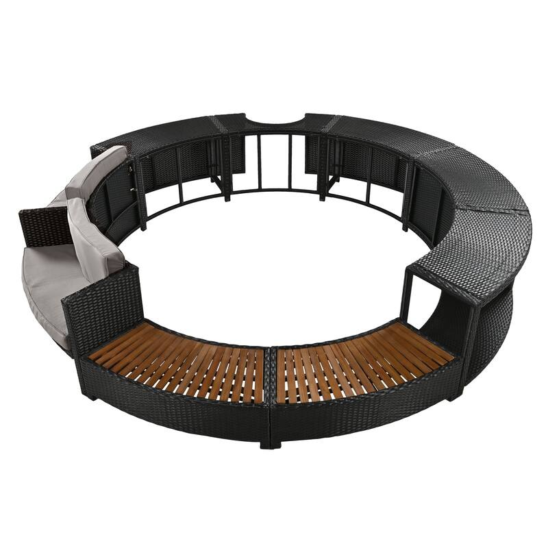 Outdoor Patio Rattan Furniture Set, All Weather Round Conversation Sofa Set with Acacia Wood Seat and Waterproof Cushion
