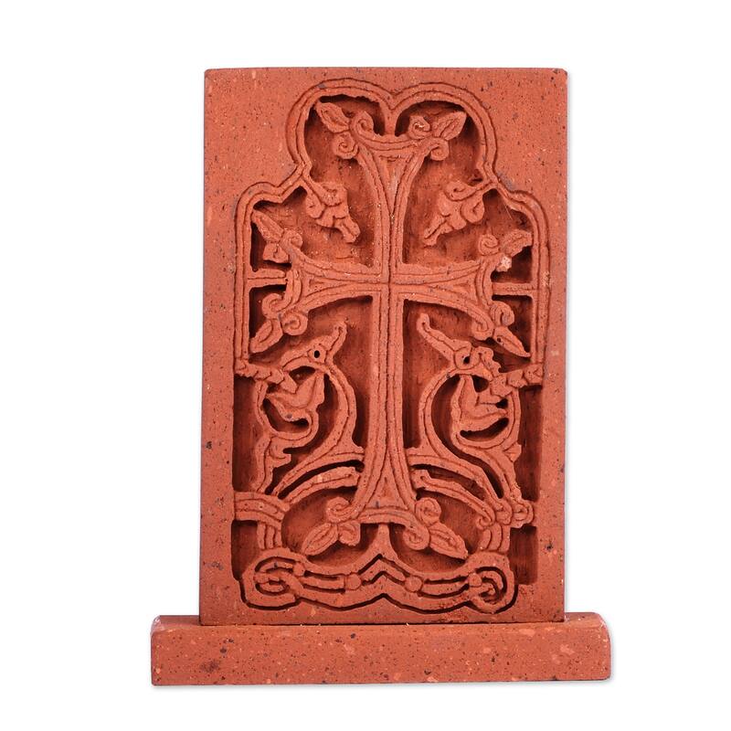 Novica Handmade Spiritual Cross Tuff Stone Stela Sculpture