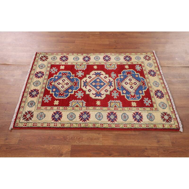 Red Geometric Kazak Oriental Accent Rug Handmade Foyer Wool Carpet - 2'8" x 3'9"