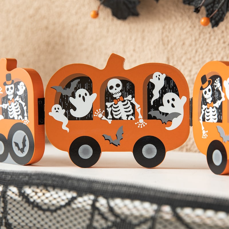 Glitzhome 16"L Halloween Skeletons and Ghosts Hinged Pumpkin Train Table Decor - Orange