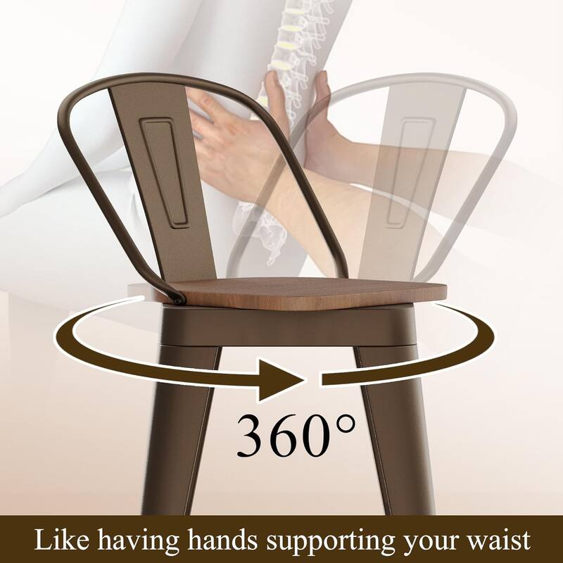 Swivel Counter Stools with Metal Frame Farmhouse Counter Chairs with High Back 24" Kitchen Bar Furniture Stools with Wooden Seat
