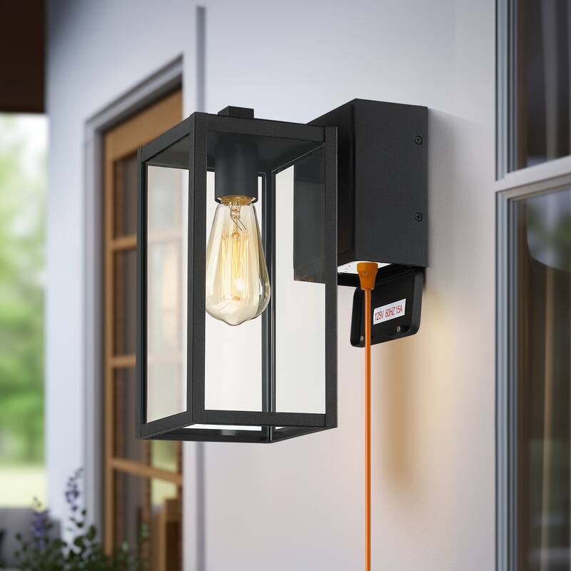 1-Light Black Outdoor Wall Sconce Light with Built-In GFCI Outlets-12"H x 5.3"W x 9"E - 12"H - 12"H