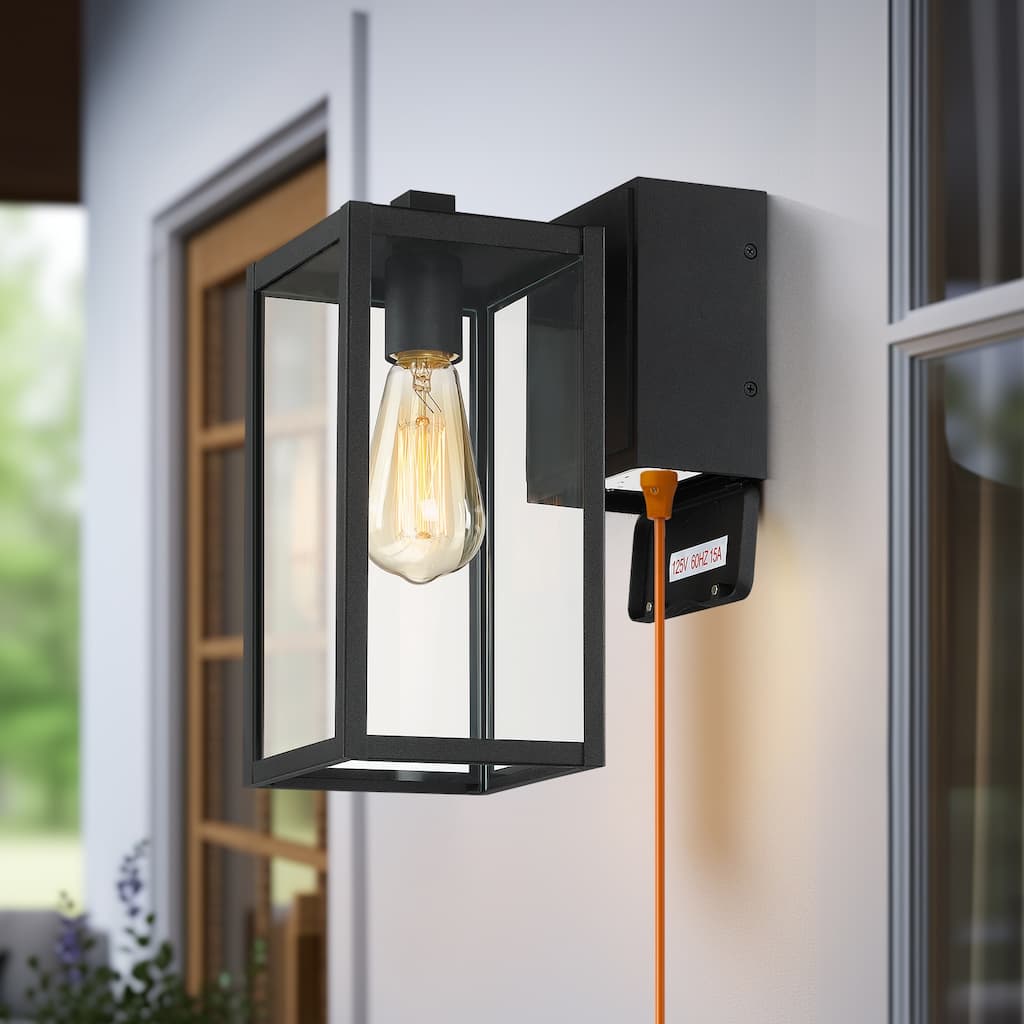 1-Light Black Outdoor Wall Sconce Light with Built-In GFCI Outlets-12"H x 5.3"W x 9"E - 12"H