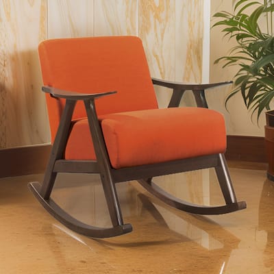 Tim 37 Inch Rocking Armchair, Orange Polyester, Walnut Brown Solid Wood