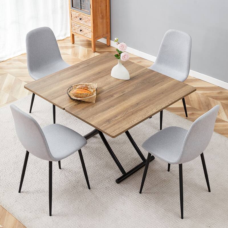 Table and chair set.Modern Multifunctional Lifting Platform,Natural Wood Grain Sticker MDF Desktop, Paired with 4 Dining Chairs