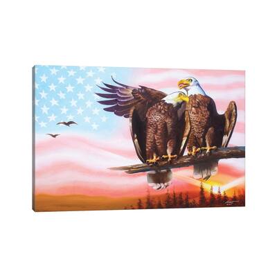 iCanvas "Two Eagles With American Flag" by D. "Rusty" Rust Canvas Print