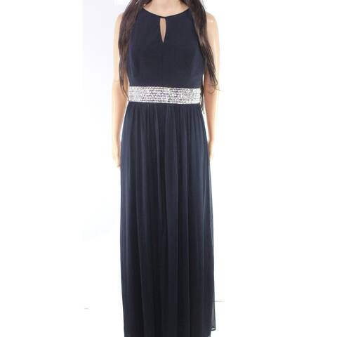 R & M Richards Womens Dress Navy Embellished Keyhole Gown