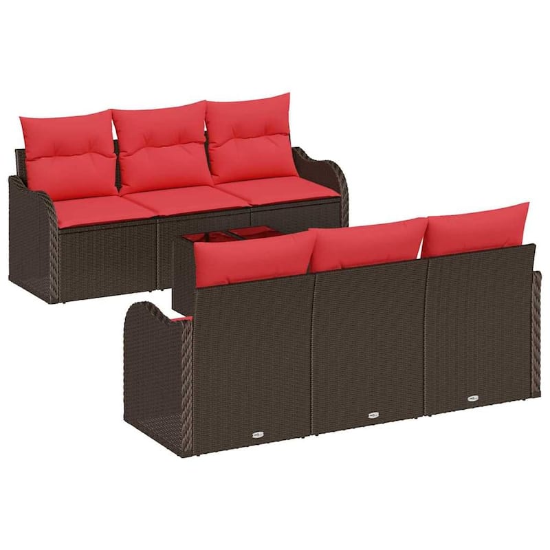vidaXL 7 Garden Sofa Set with Cushions Black/Brown/Grey Poly Rattan - 69.3 x 24.4 x 27.2
