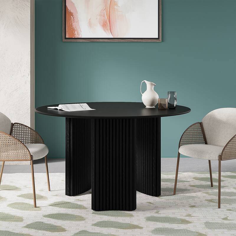 Modern Round Dining Table with Striped Column Legs Solid Wood Kitchen Table Anti-Scratch Footpads