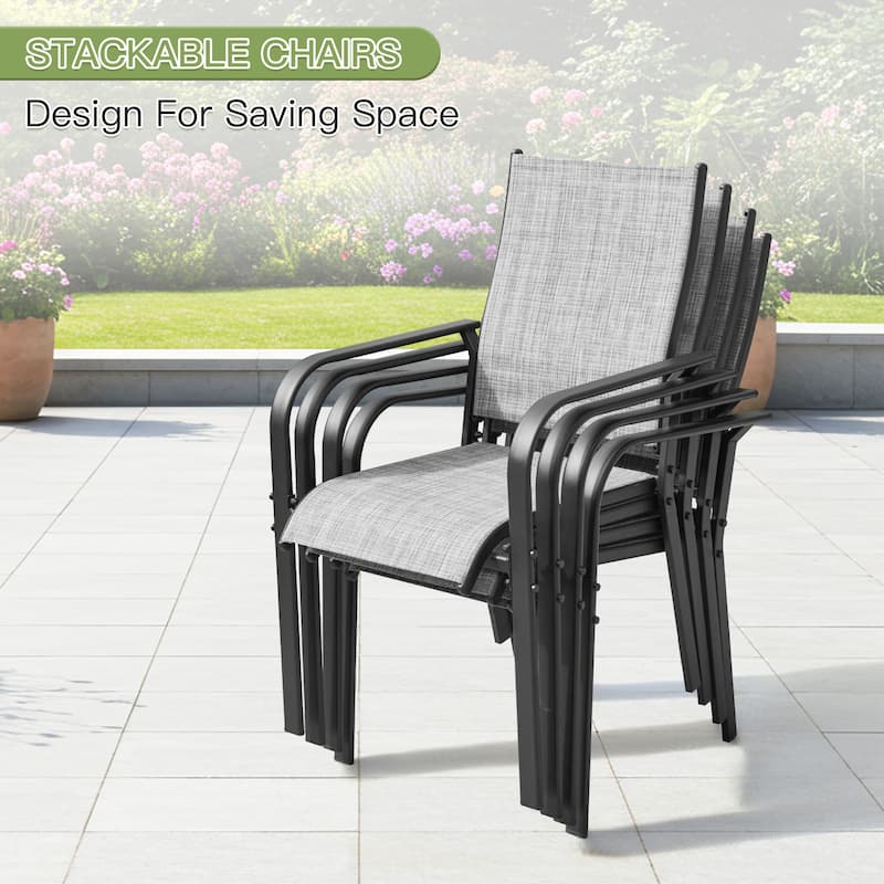 5/7/9-Piece Outdoor Patio Dining Set with Stackable Textilene Chairs and Slatted Table, Furniture with Adjustable Umbrella Hole