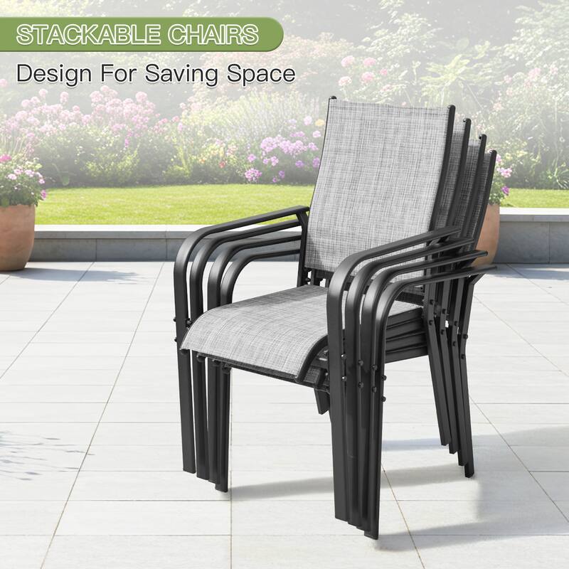 Patio Dining Set, Outdoor Dining Table and Chairs Set with Textilene Chairs, Adjustable Umbrella Hole for Garden, Backyard