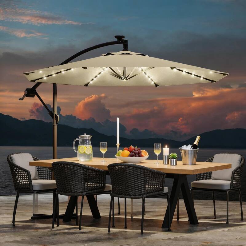 10 ft offset patio umbrella, with solar lights - Beige