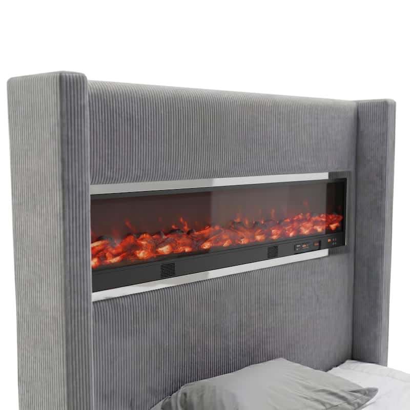 Furniture of America Gaia Modern Chenille Bed with 50-inch TV Lift and 3D Fireplace Simulator