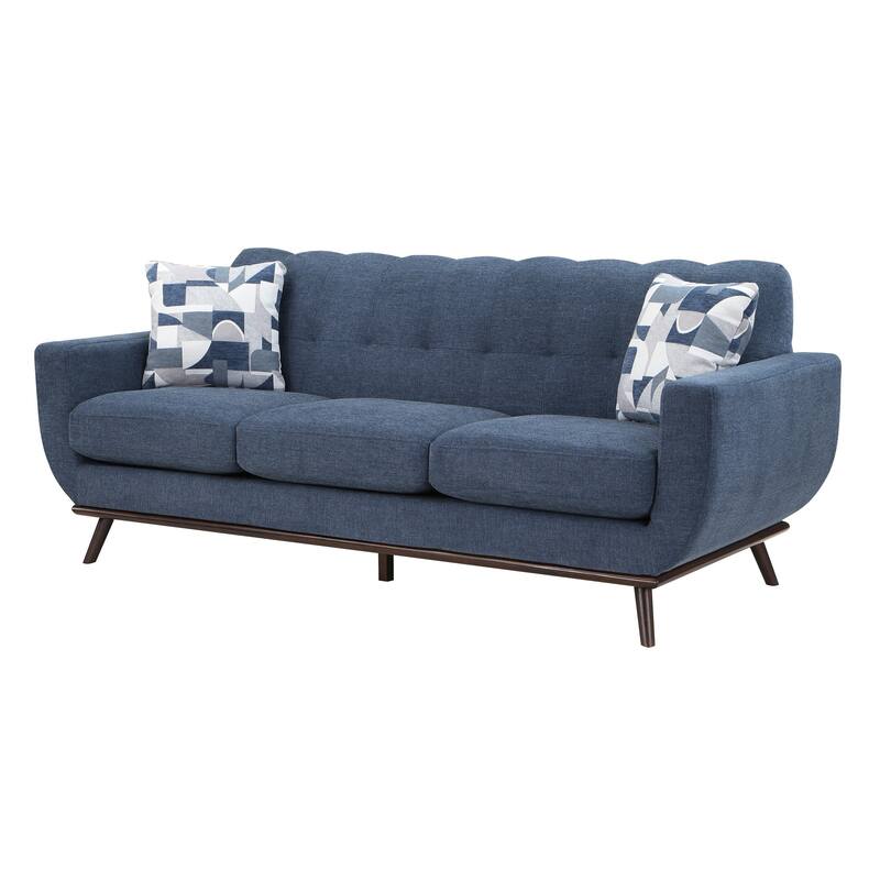 Keto 87 Inch Sofa, Blue Chenille, 2 Throw Pillows, Brown Solid Wood