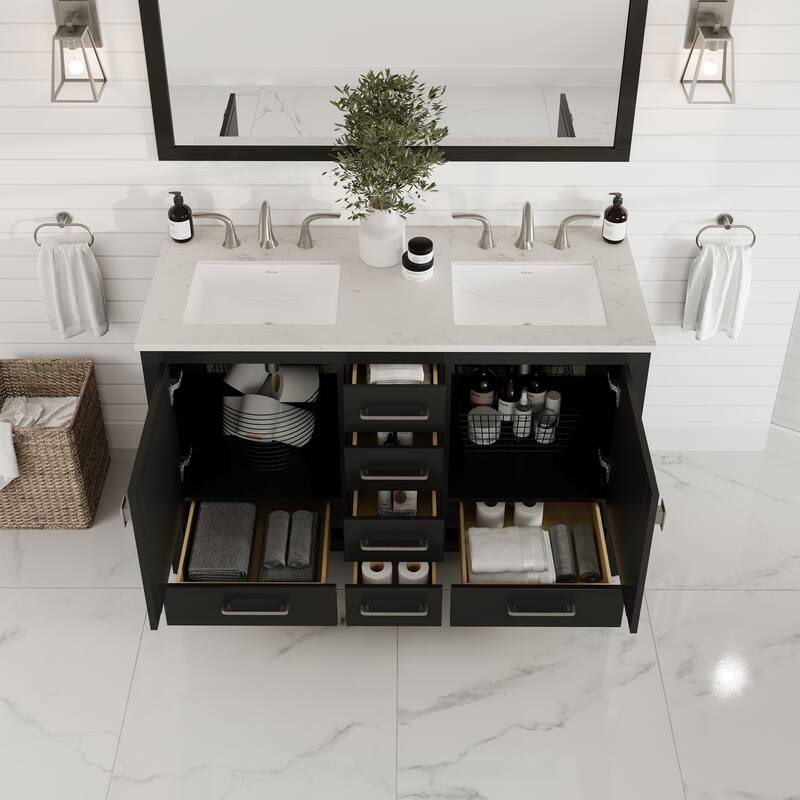 Eviva Aberdeen 48"W White SS Bath Vanity with Carrara Quartz Top