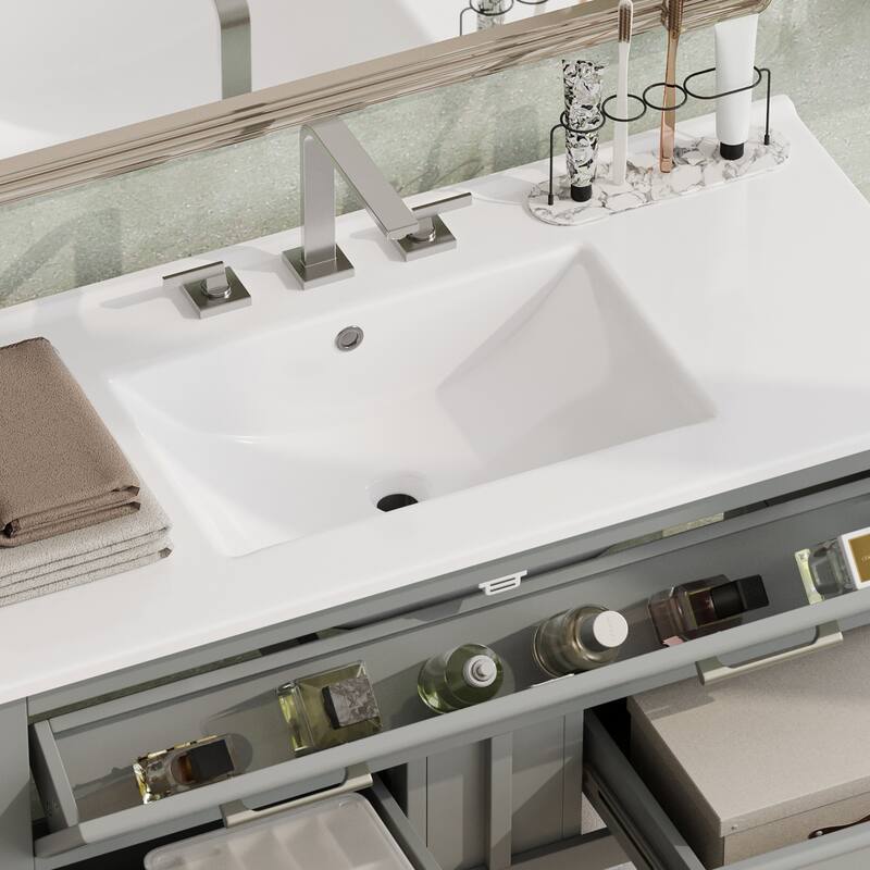Roomfitters 36" Bathroom Vanity with Ceramic Sink, Tip-Out Tray, 2 Full-Extension Soft-Close storage units and Open Shelf