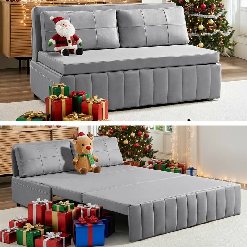 Mixoy Modern 62''Pull Out Sofa Bed,3-in-1 Pull Out Leathaire Fabric Sleeper Sofa Couch,Chaise Lounge,living room furniture - 60.83"W×80.91''L×33.46''H - LIGHT GREY
