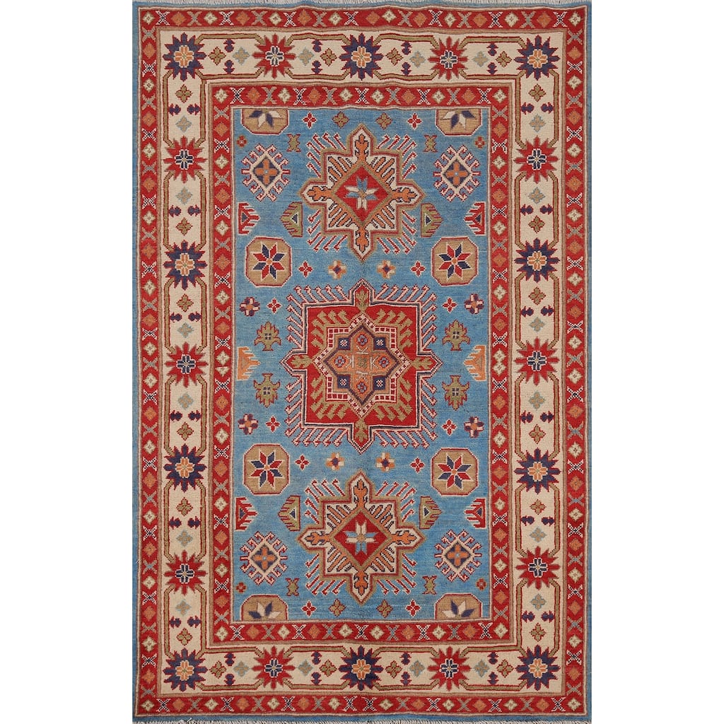 Blue Kazak Oriental Area Rug Handmade Traditional Wool Carpet - 4'0" x 6'4"